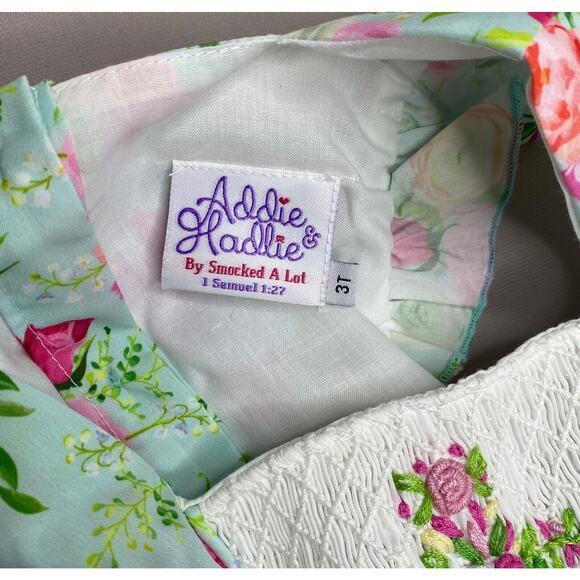 Addie & Hadlie Blue-Green Floral Smocked Cross Bubble Romper Girls 3T - Picture 4 of 4